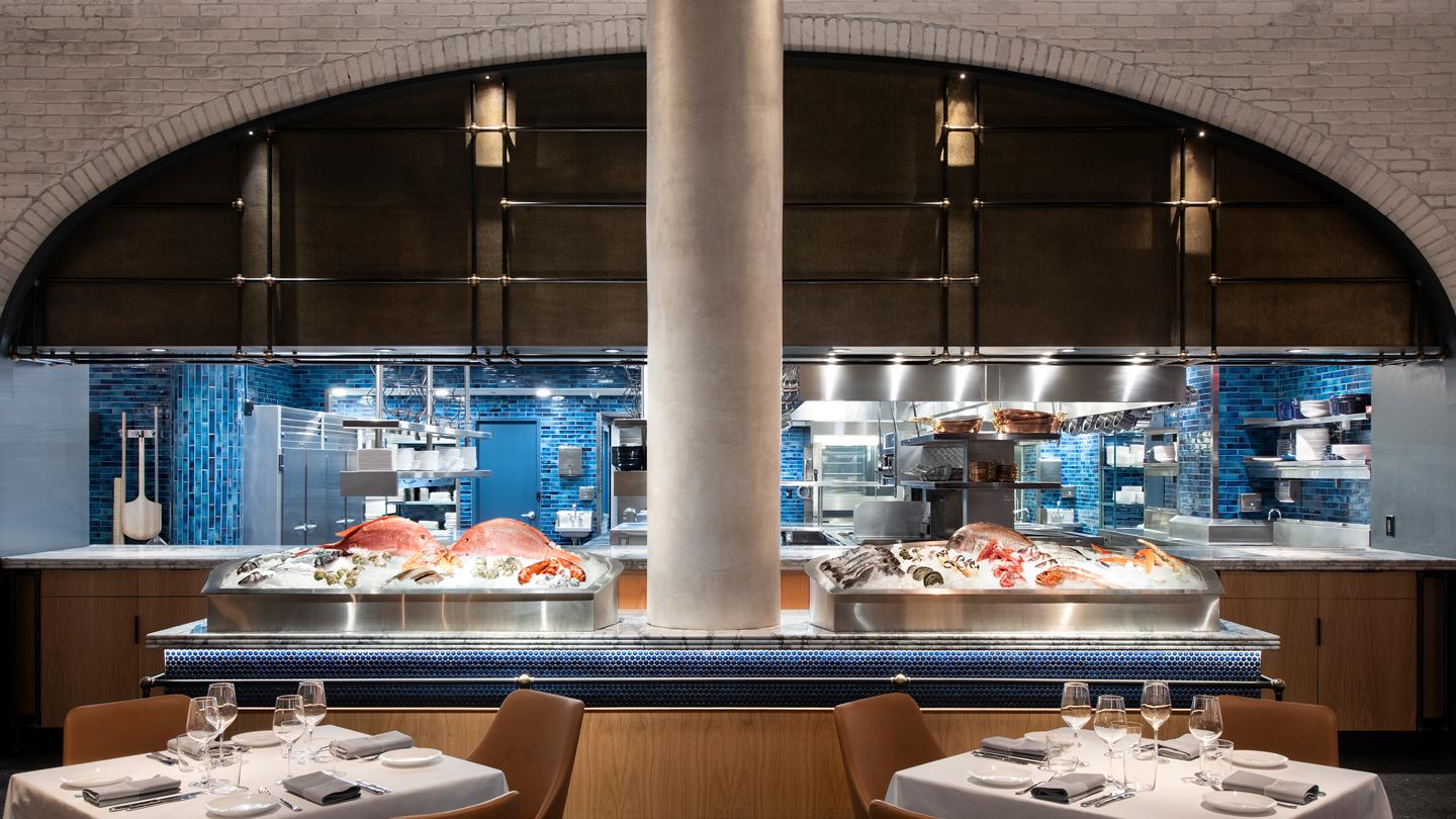 open kitchen at oceans restaurant, nyc