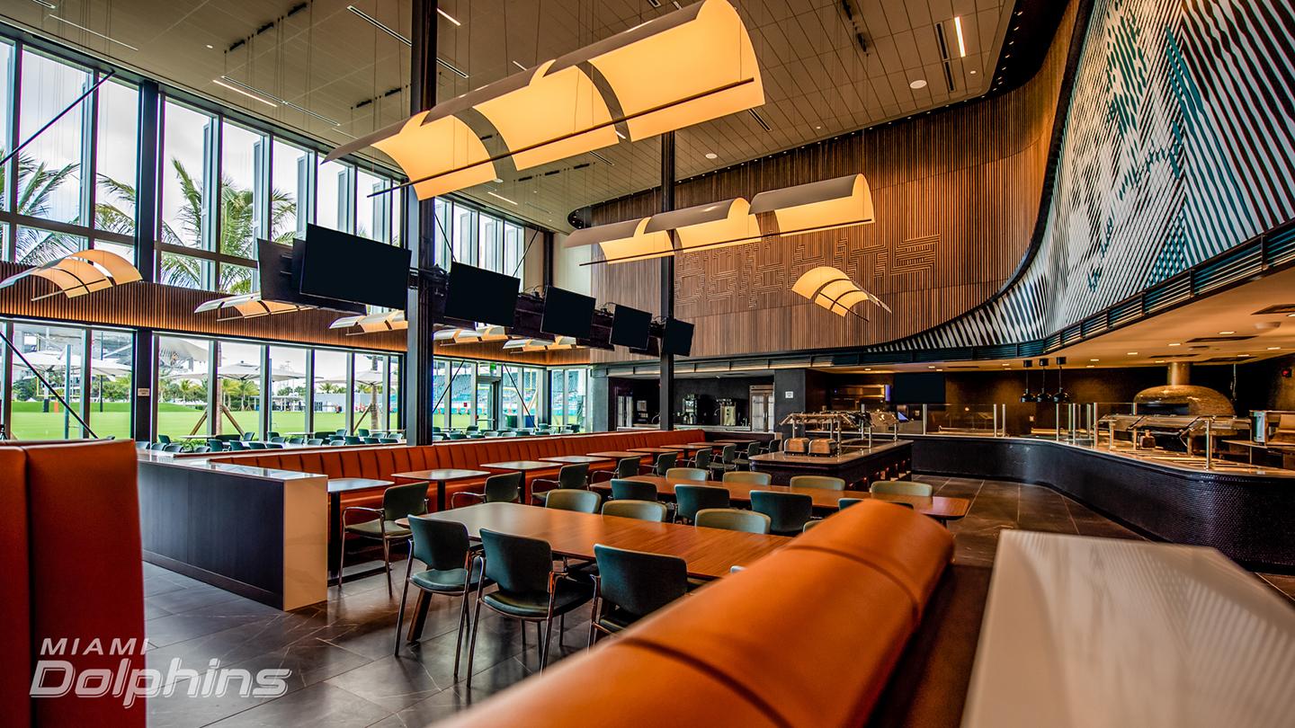 dining hall at miami dolphins baptist health training facility, football, hard rock stadium